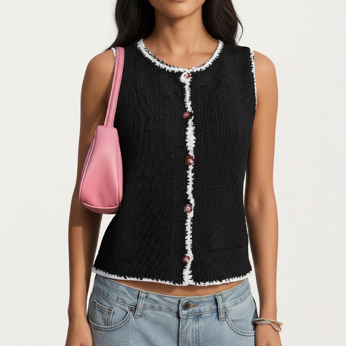 Sleeveless Knit Button Front Top with Contrast Trim Detail