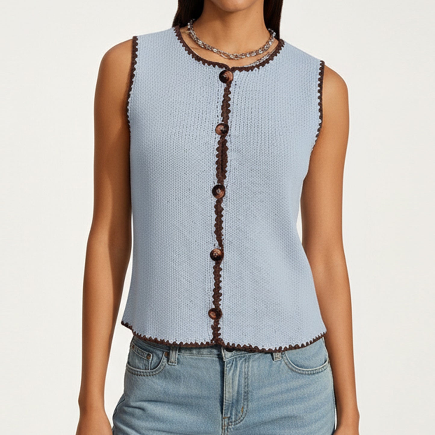 Sleeveless Knit Button Front Top with Contrast Trim Detail