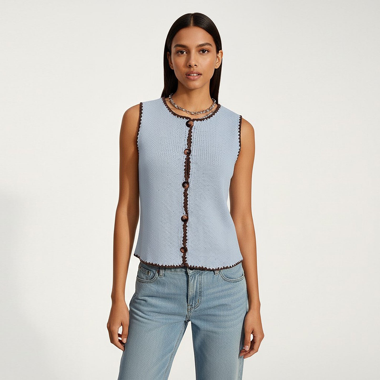 Sleeveless Knit Button Front Top with Contrast Trim Detail