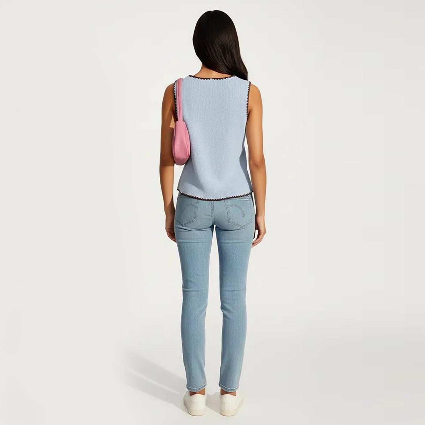 Sleeveless Knit Button Front Top with Contrast Trim Detail