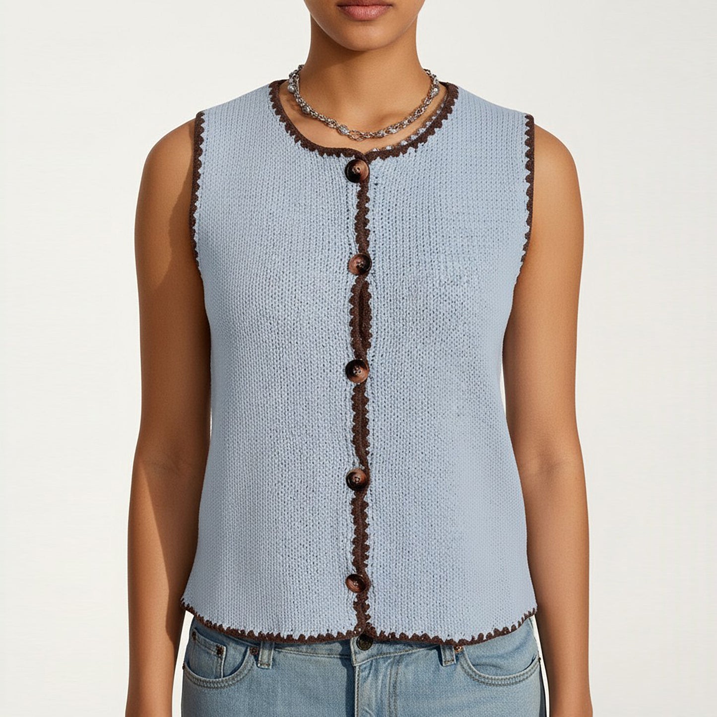 Sleeveless Knit Button Front Top with Contrast Trim Detail