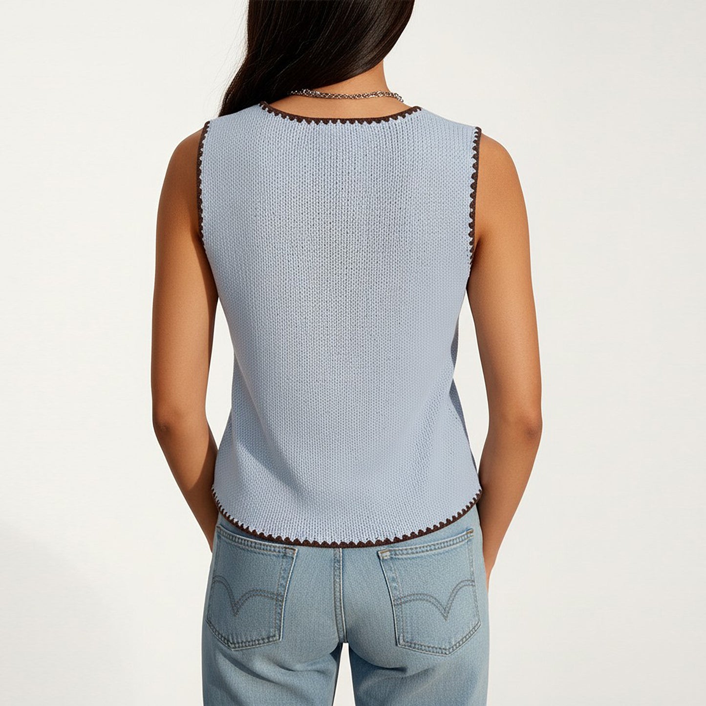 Sleeveless Knit Button Front Top with Contrast Trim Detail