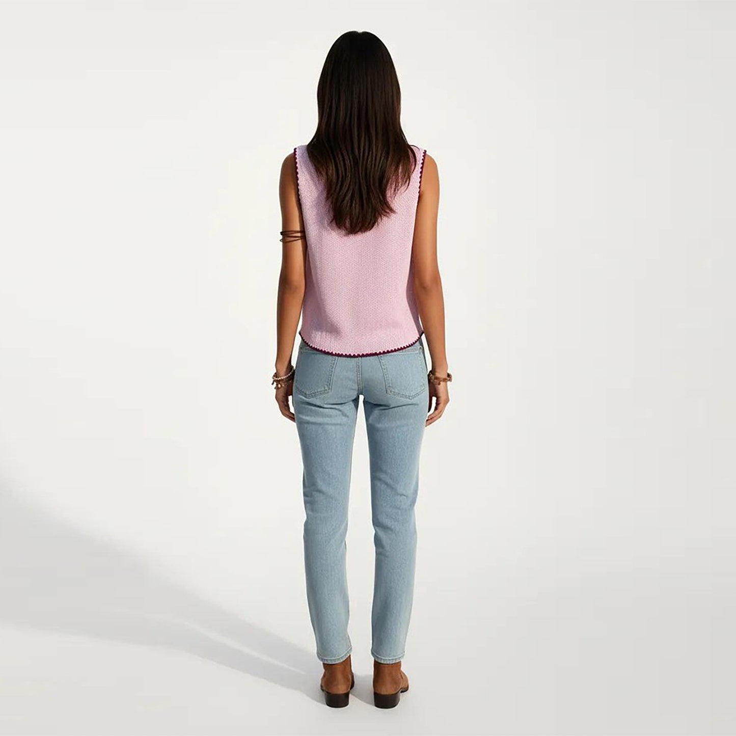 Sleeveless Knit Button Front Top with Contrast Trim Detail