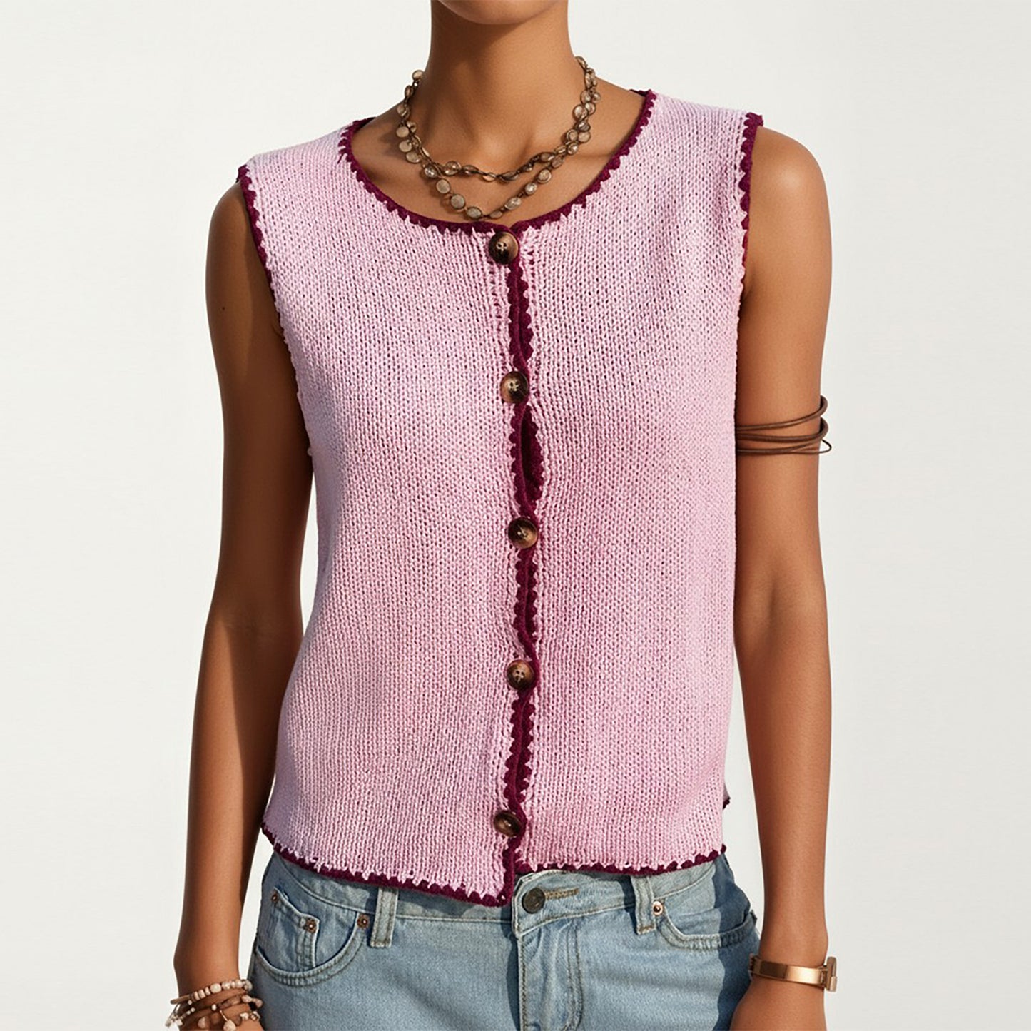 Sleeveless Knit Button Front Top with Contrast Trim Detail