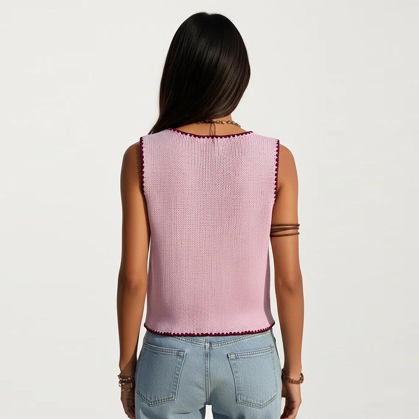Sleeveless Knit Button Front Top with Contrast Trim Detail