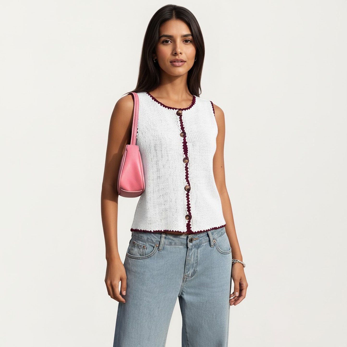 Sleeveless Knit Button Front Top with Contrast Trim Detail