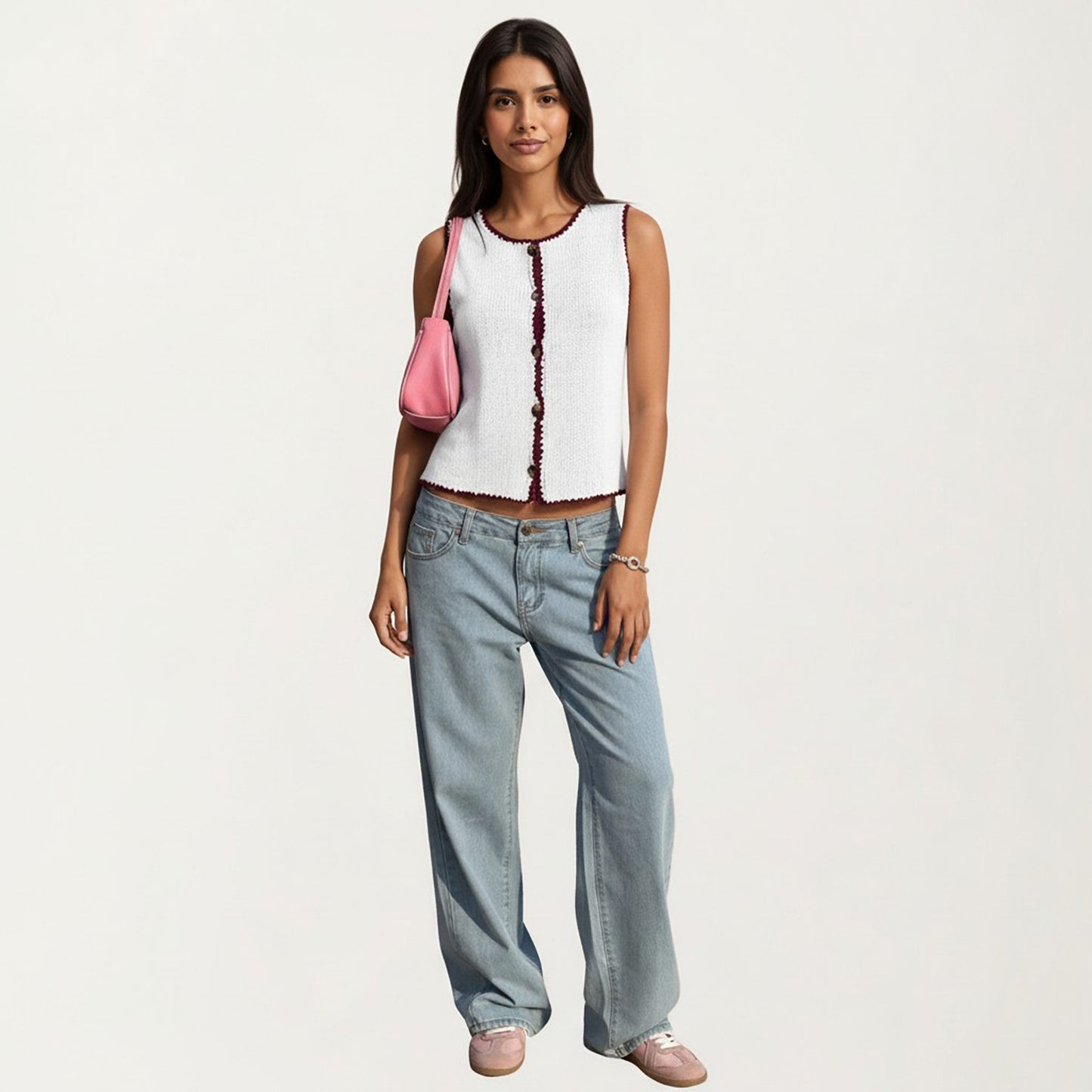 Sleeveless Knit Button Front Top with Contrast Trim Detail