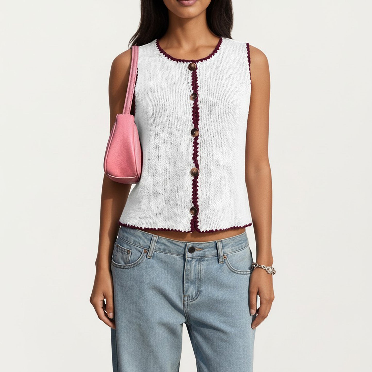 Sleeveless Knit Button Front Top with Contrast Trim Detail