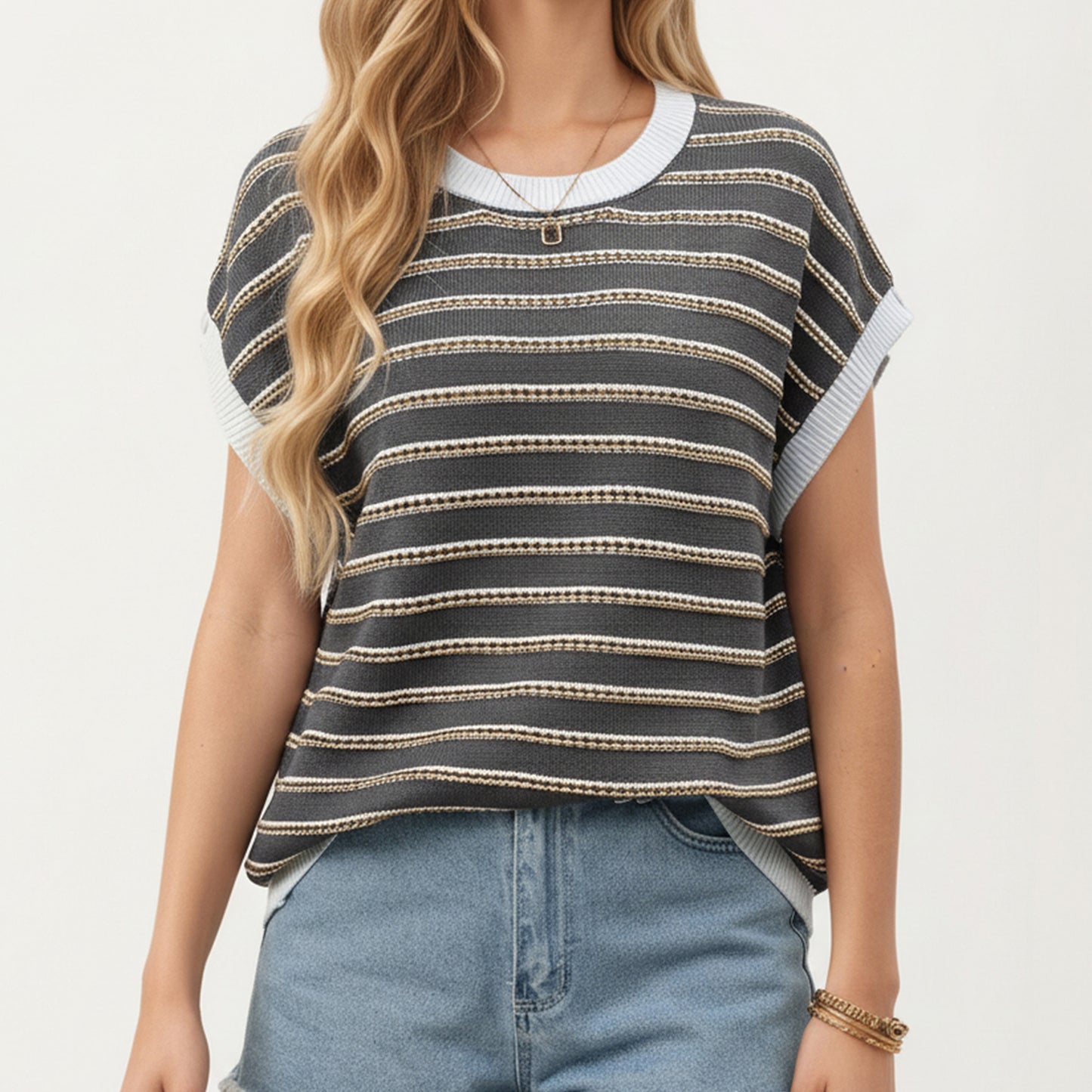 Short Sleeve Striped Knit Top with Contrast Rib Trim