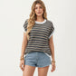 Short Sleeve Striped Knit Top with Contrast Rib Trim