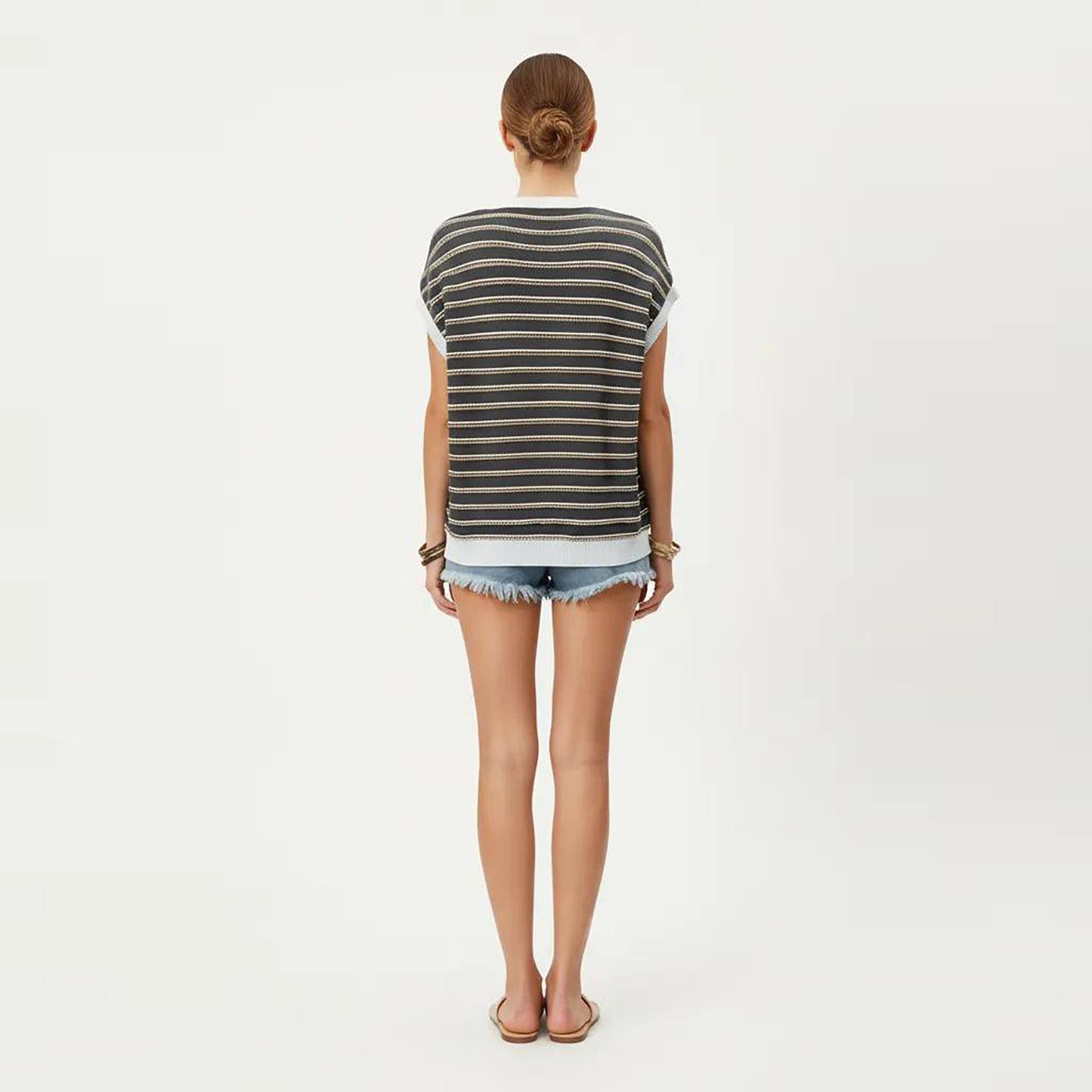 Short Sleeve Striped Knit Top with Contrast Rib Trim