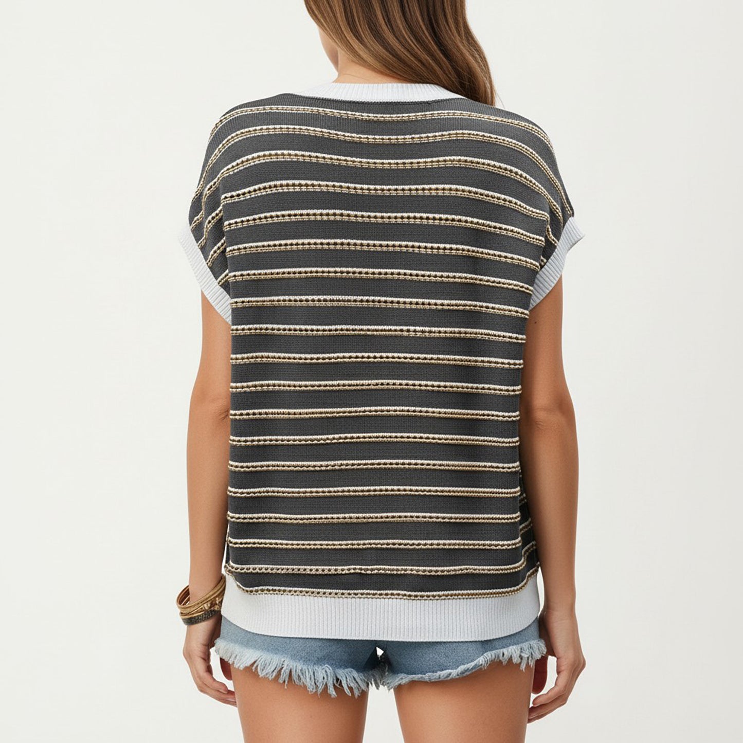 Short Sleeve Striped Knit Top with Contrast Rib Trim