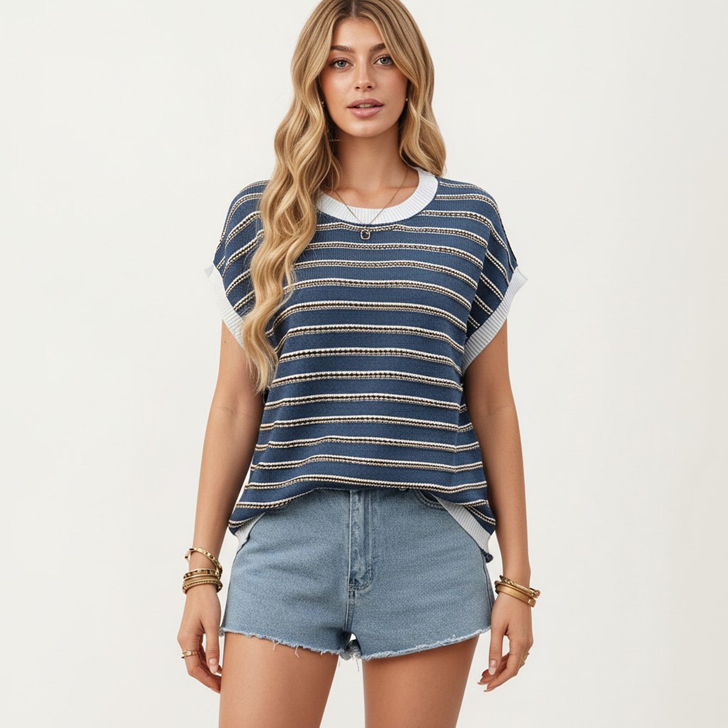 Short Sleeve Striped Knit Top with Contrast Rib Trim