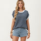 Short Sleeve Striped Knit Top with Contrast Rib Trim