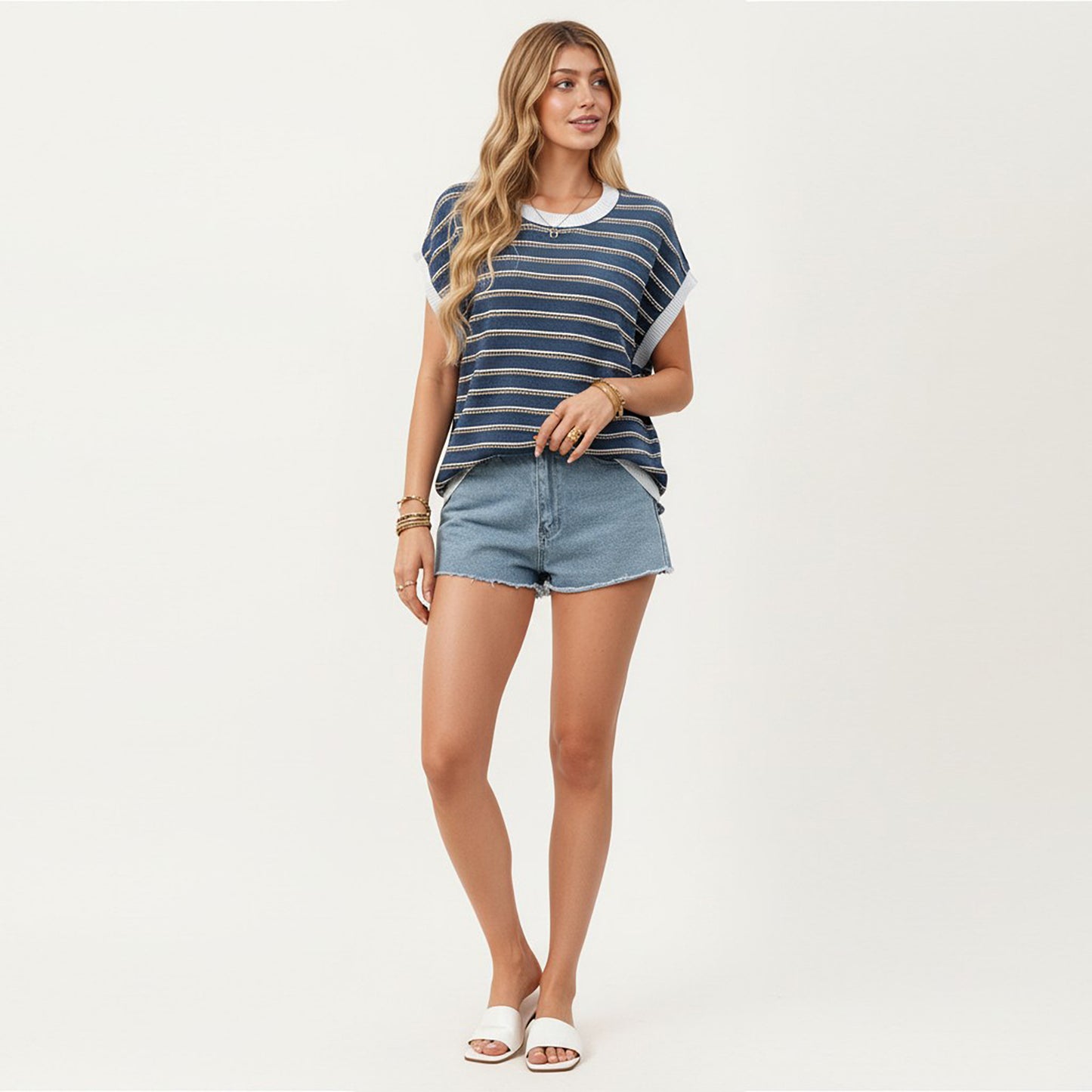 Short Sleeve Striped Knit Top with Contrast Rib Trim
