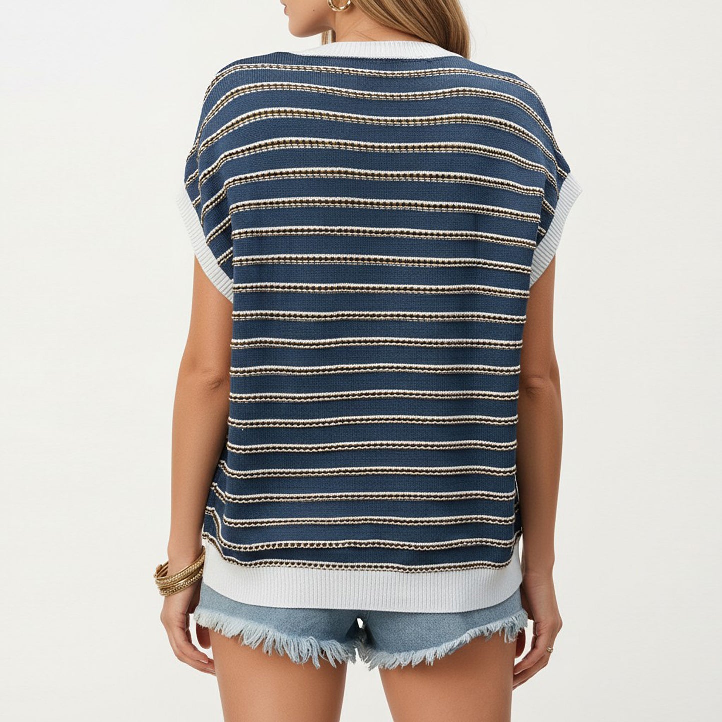 Short Sleeve Striped Knit Top with Contrast Rib Trim