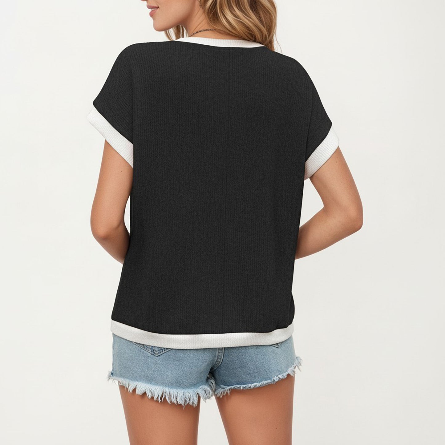 Short Sleeve Textured Knit Top with Contrast Rib Trim