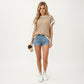 Short Sleeve Textured Knit Top with Contrast Rib Trim