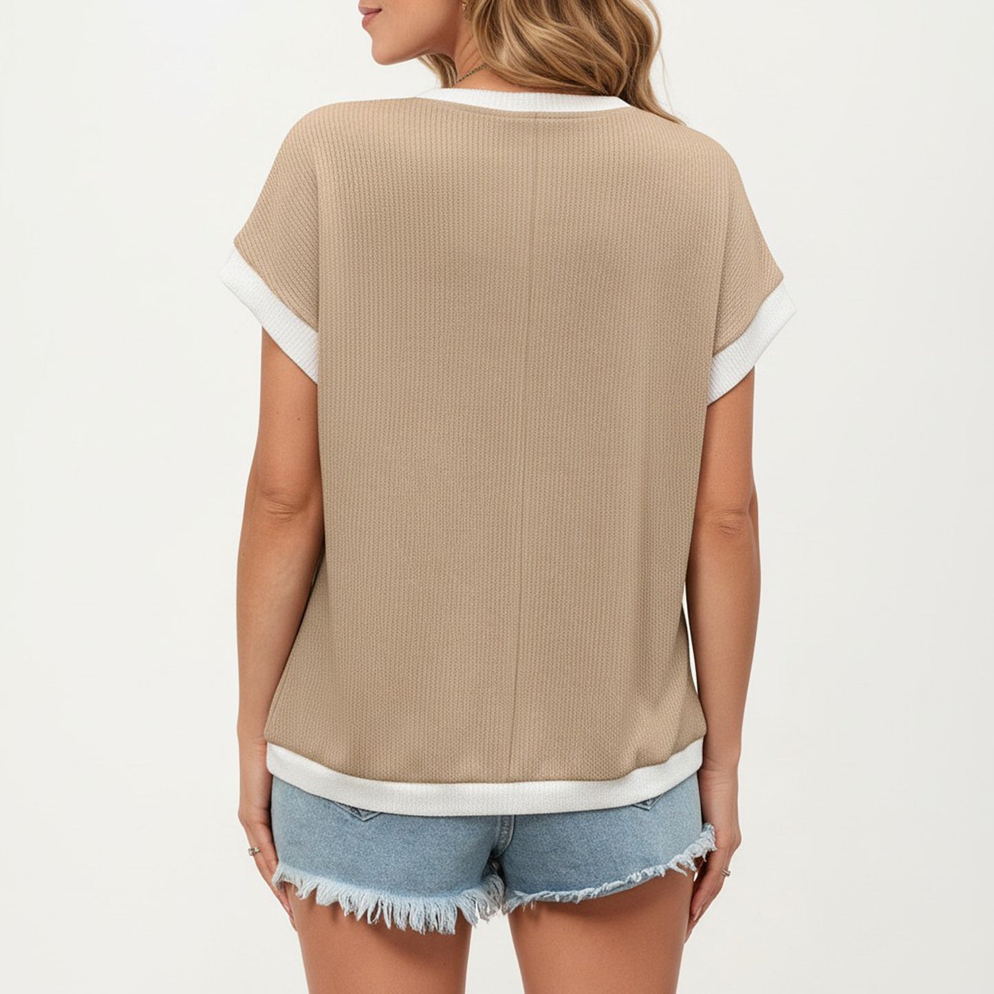 Short Sleeve Textured Knit Top with Contrast Rib Trim