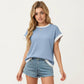Short Sleeve Textured Knit Top with Contrast Rib Trim