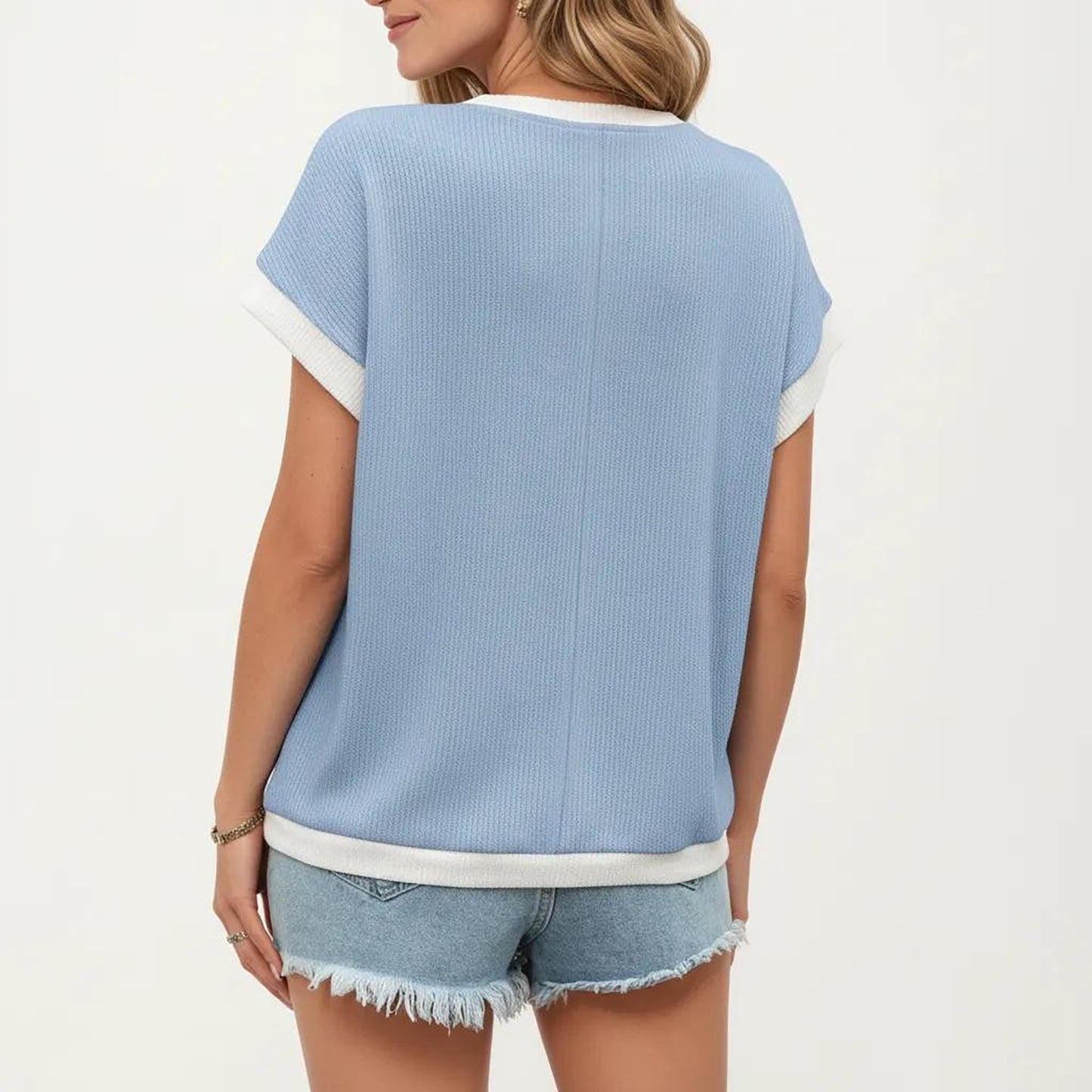 Short Sleeve Textured Knit Top with Contrast Rib Trim