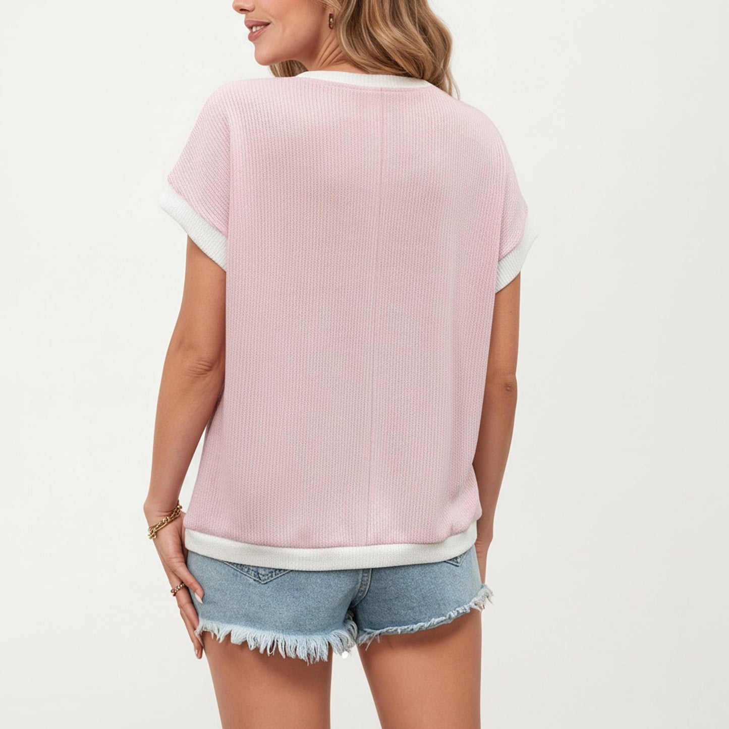 Short Sleeve Textured Knit Top with Contrast Rib Trim