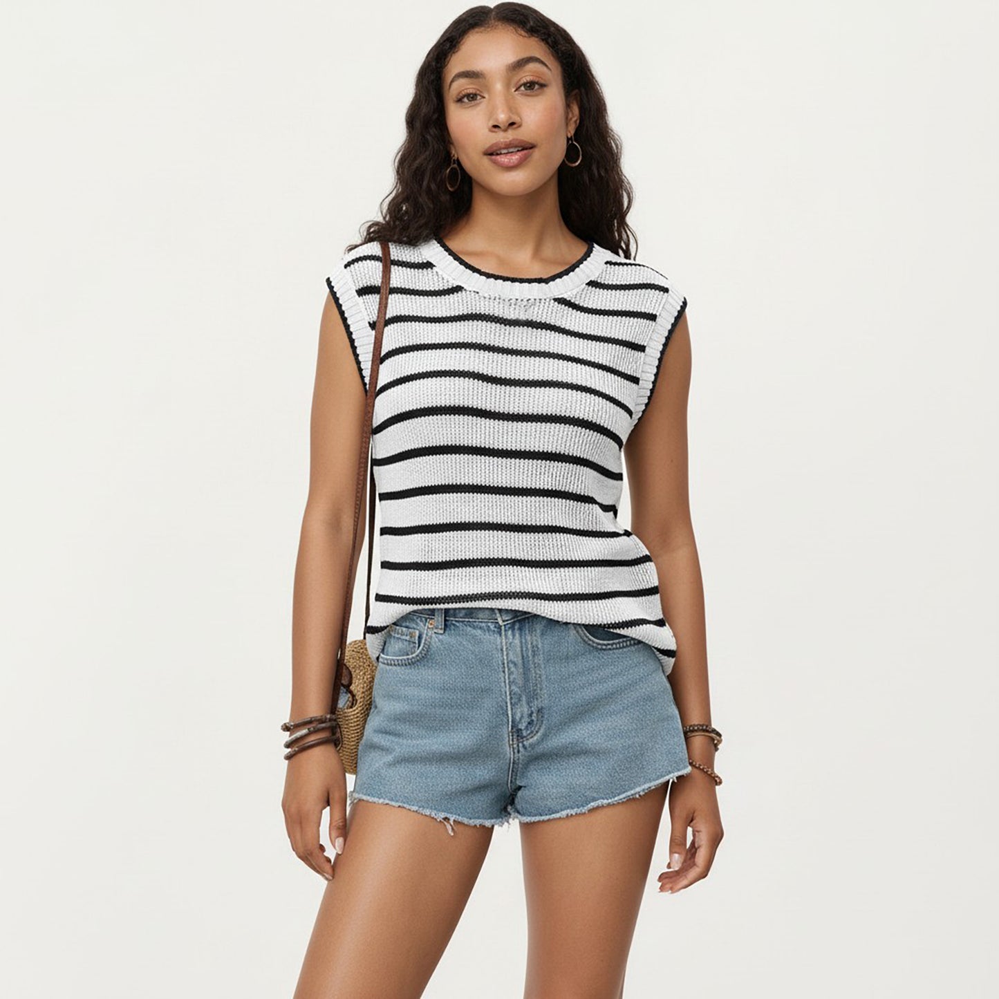 Sleeveless Textured Knit Top with Stripe Pattern