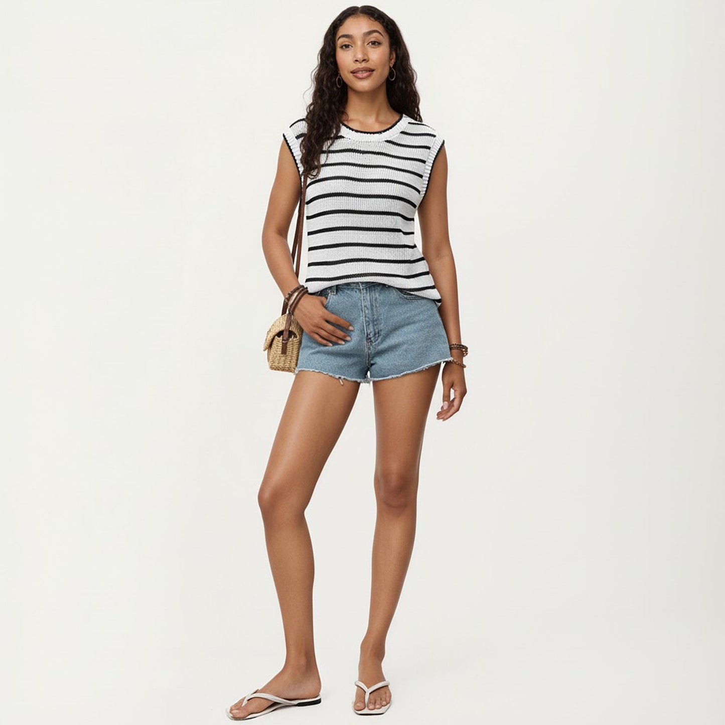 Sleeveless Textured Knit Top with Stripe Pattern