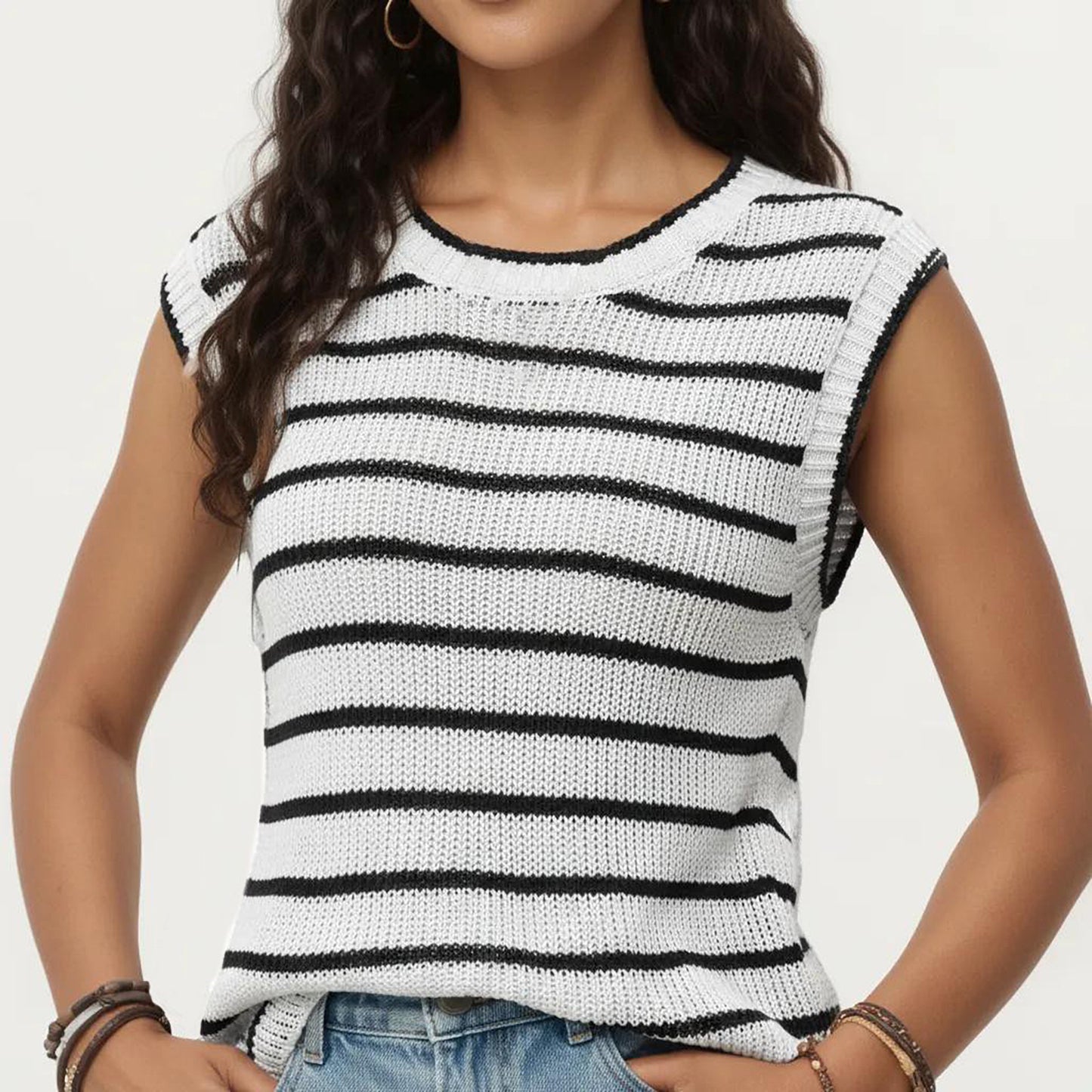 Sleeveless Textured Knit Top with Stripe Pattern