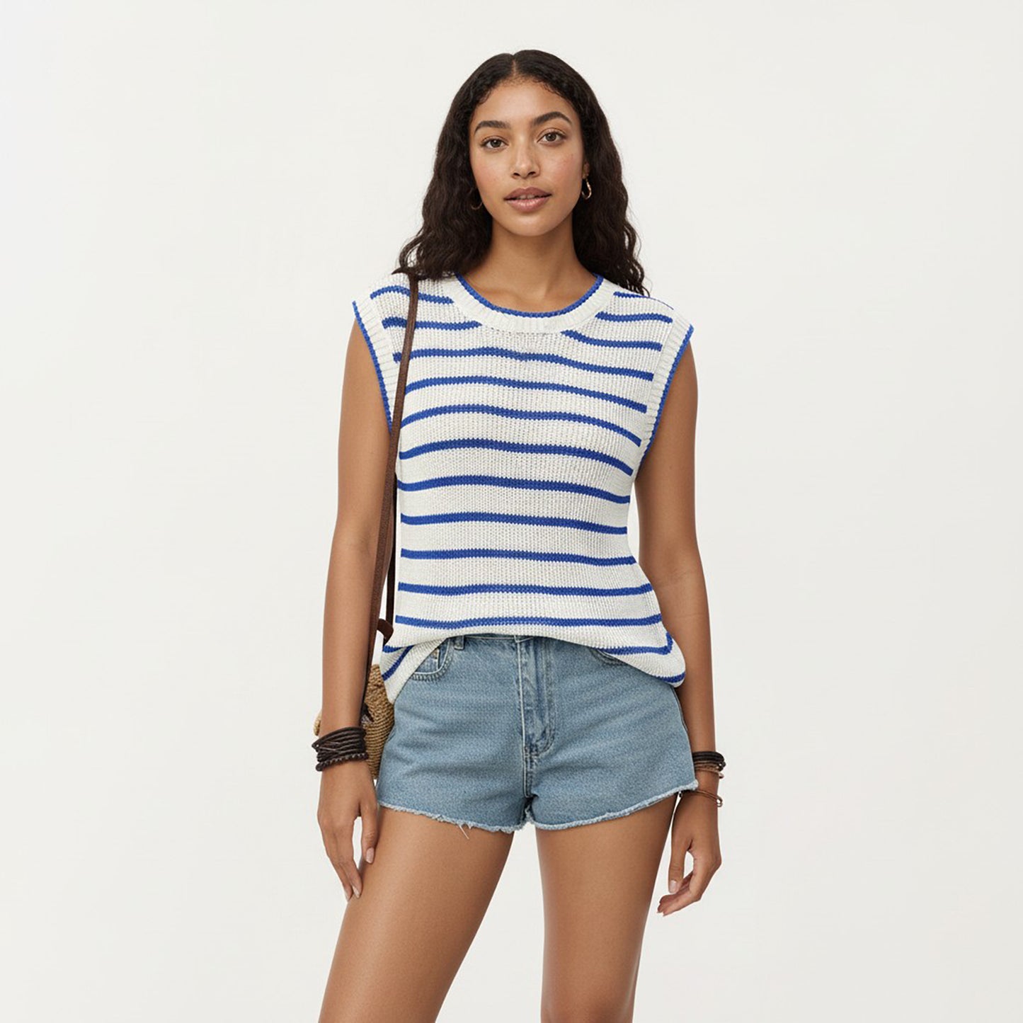 Sleeveless Textured Knit Top with Stripe Pattern