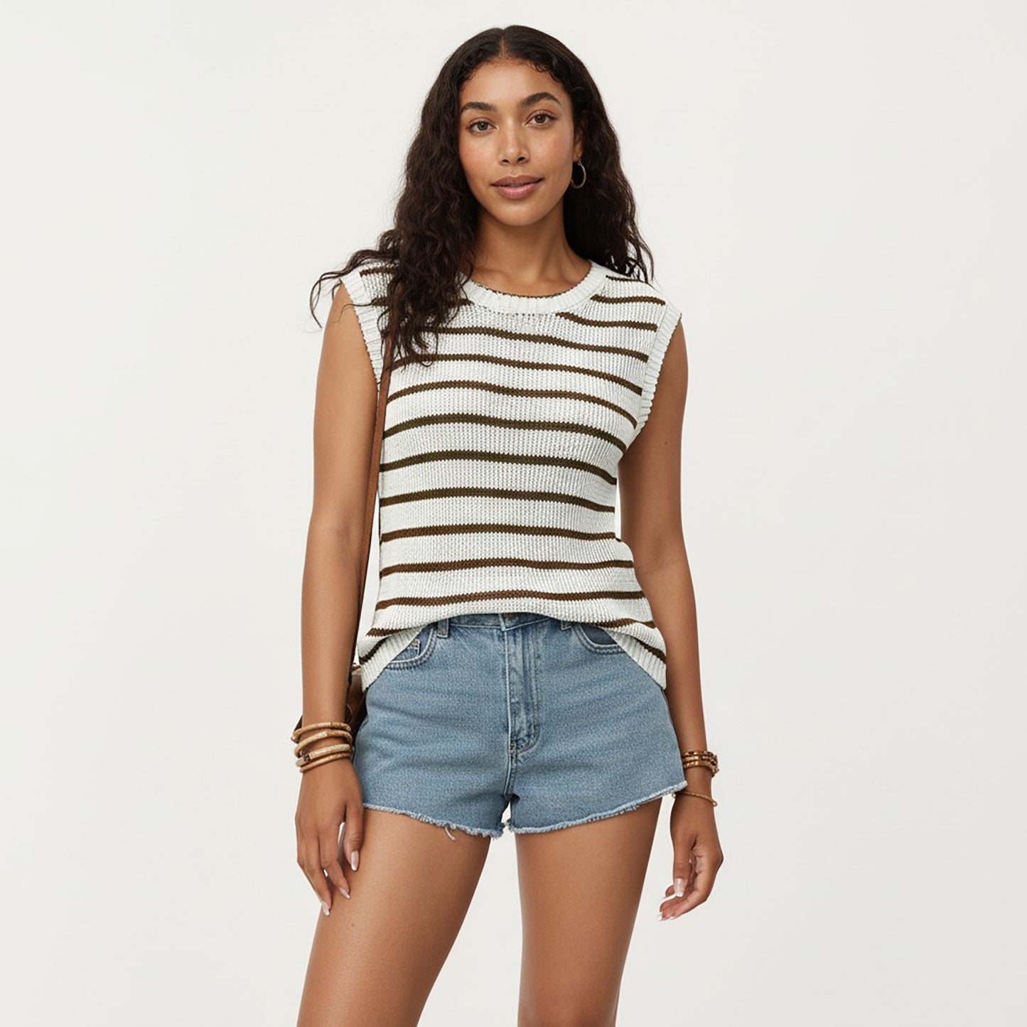 Sleeveless Textured Knit Top with Stripe Pattern
