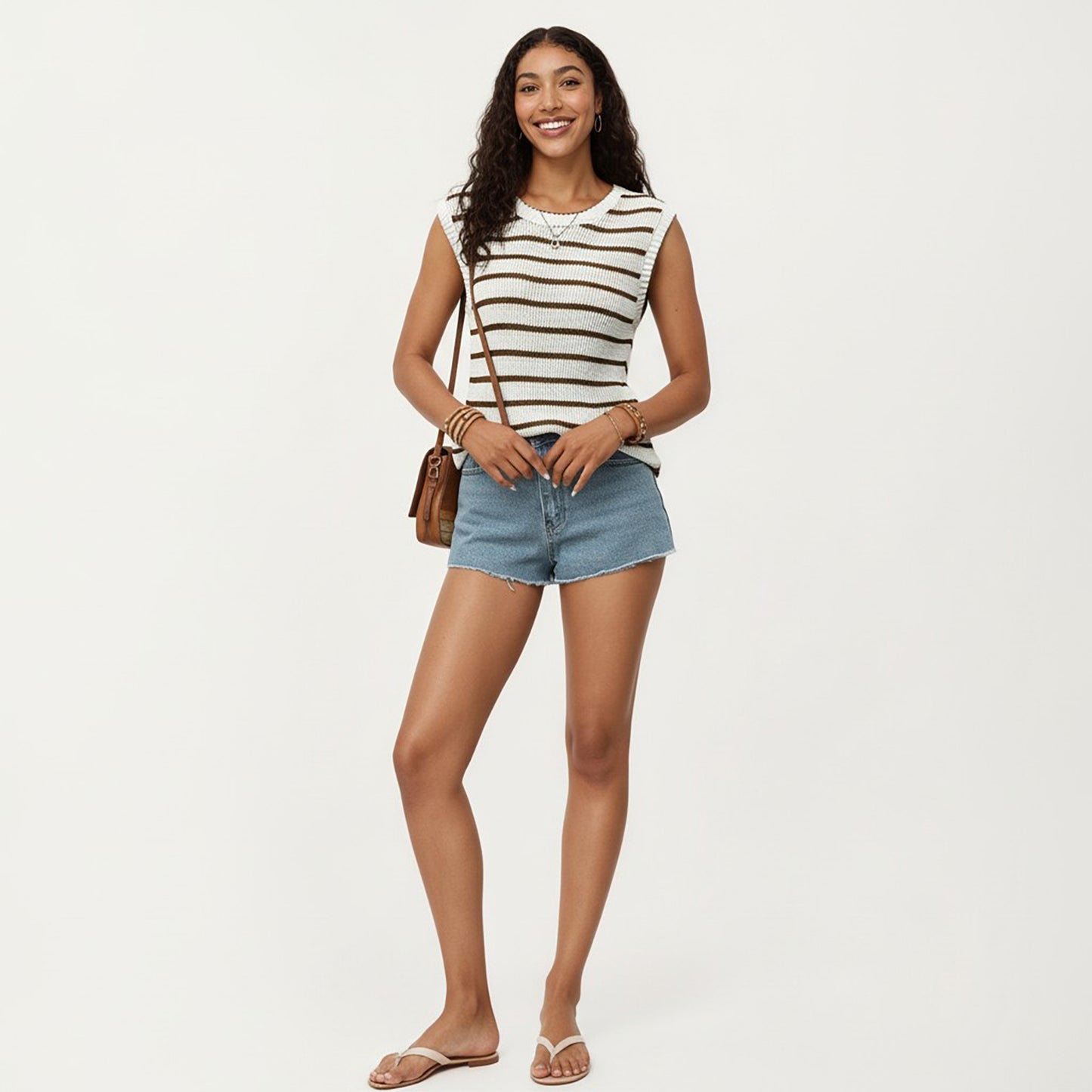 Sleeveless Textured Knit Top with Stripe Pattern