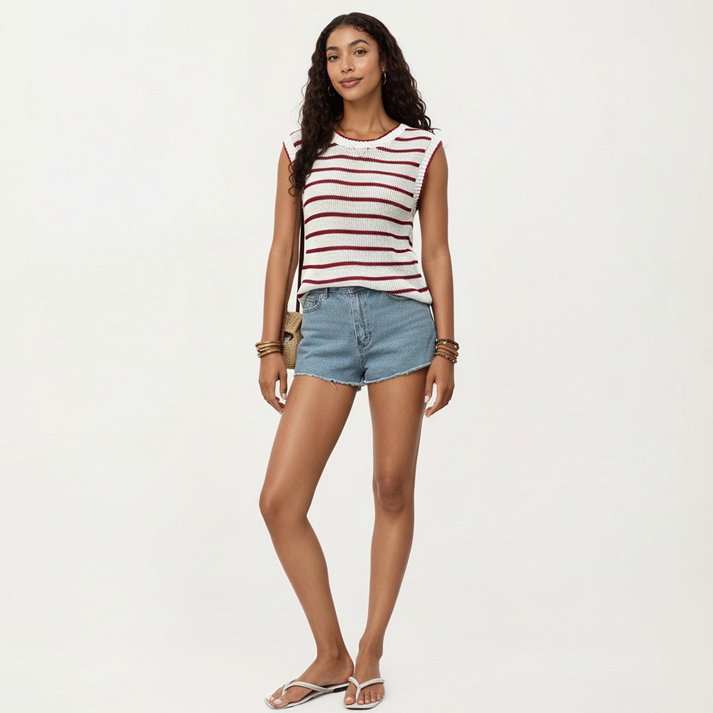 Sleeveless Textured Knit Top with Stripe Pattern