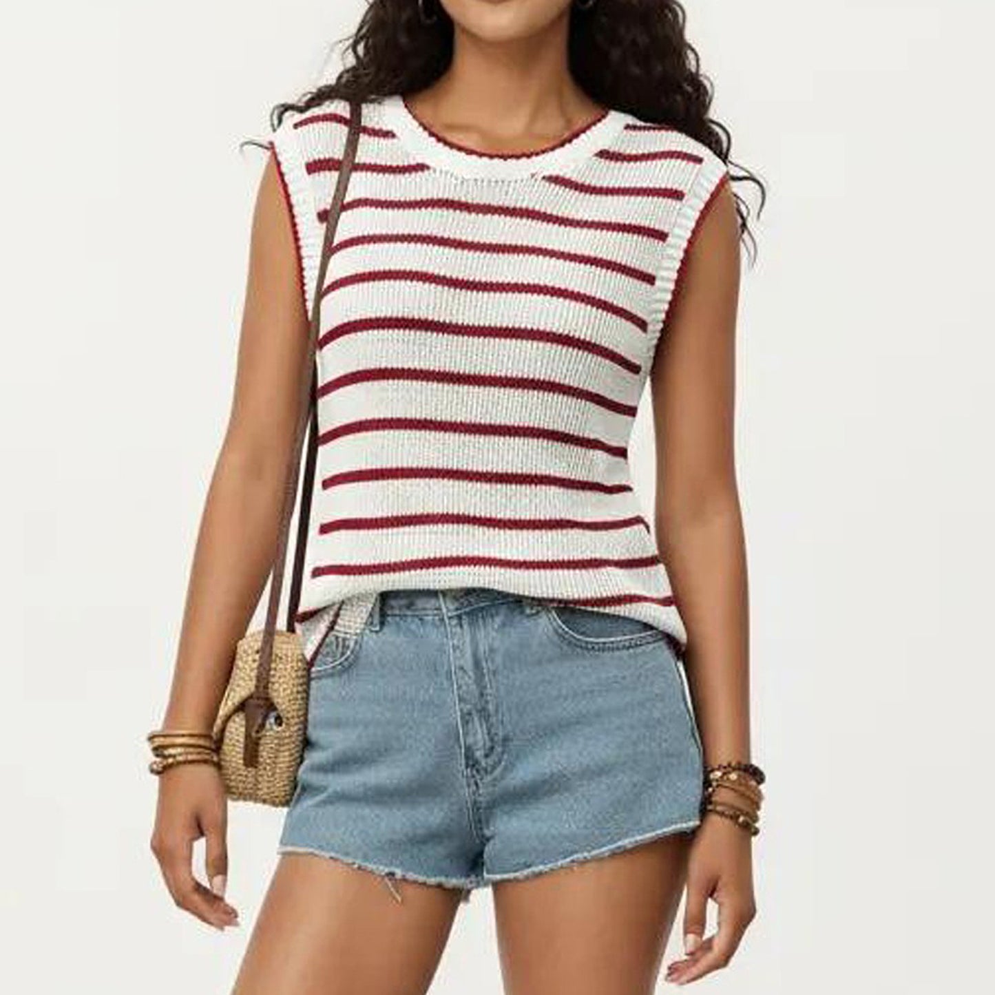 Sleeveless Textured Knit Top with Stripe Pattern