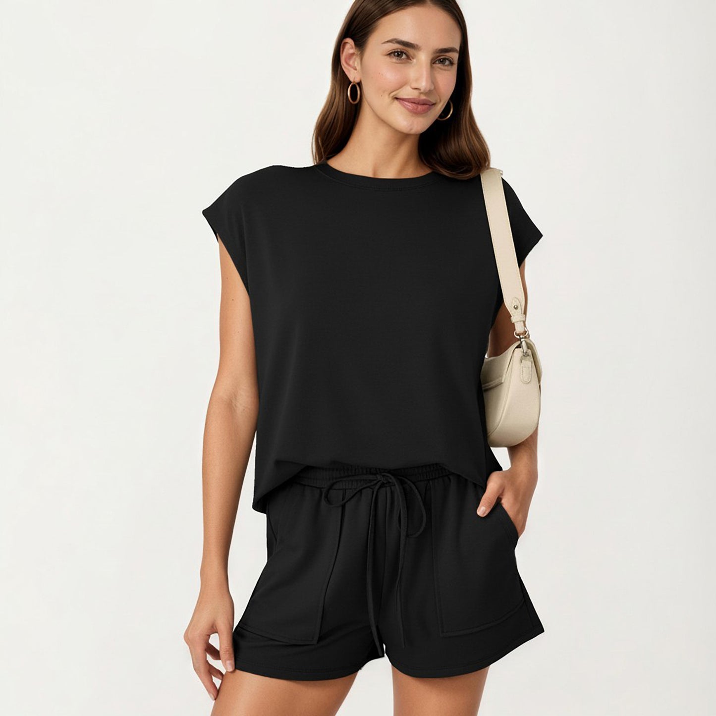 Short Sleeve Lounge Top and Shorts Set with Relaxed Fit