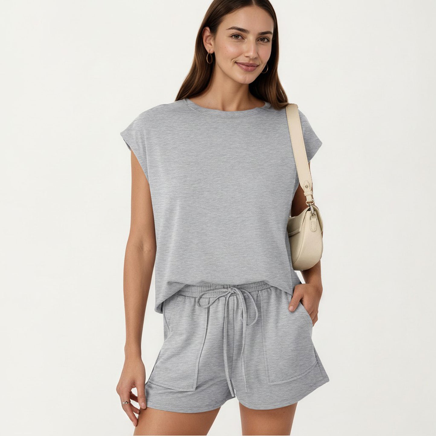 Short Sleeve Lounge Top and Shorts Set with Relaxed Fit