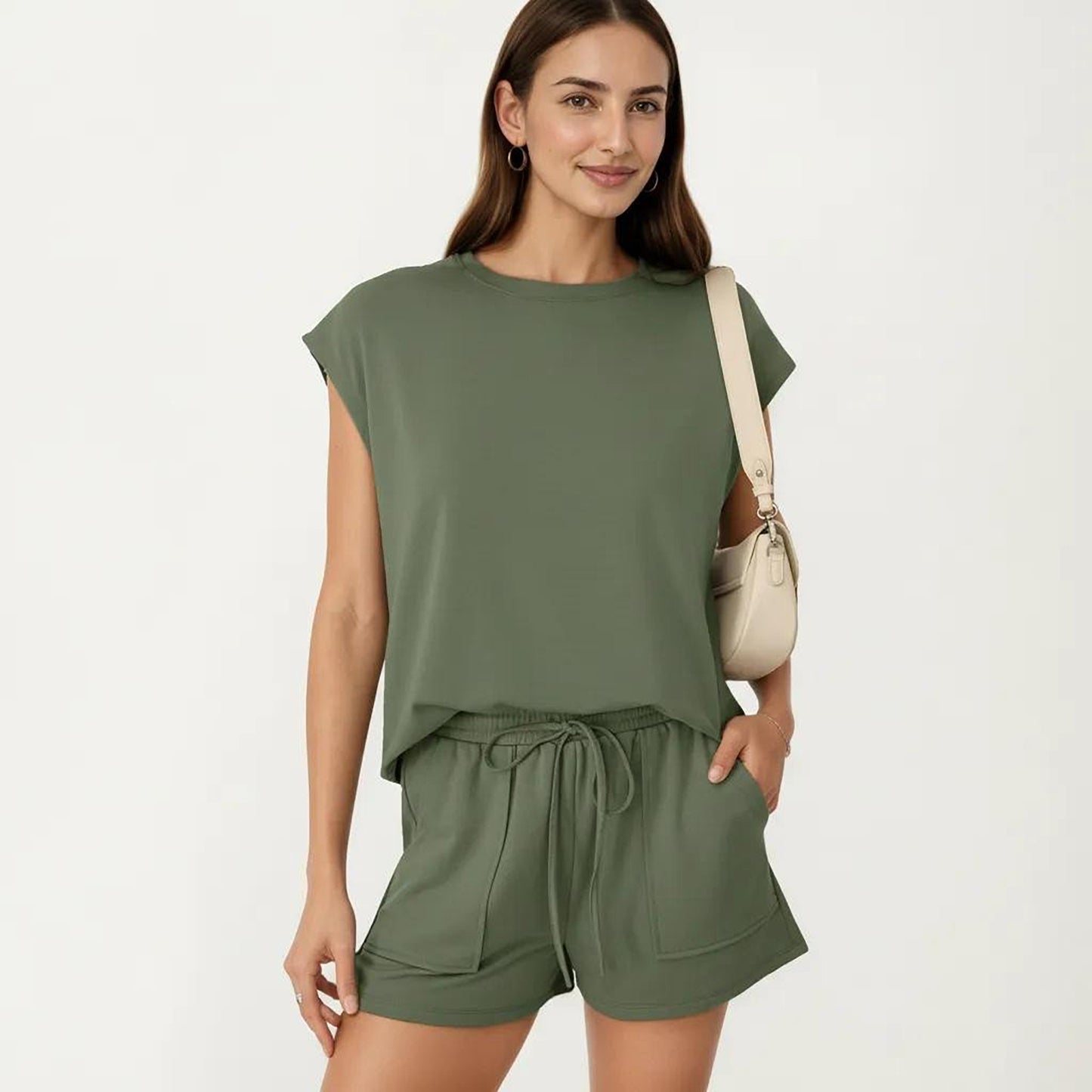Short Sleeve Lounge Top and Shorts Set with Relaxed Fit