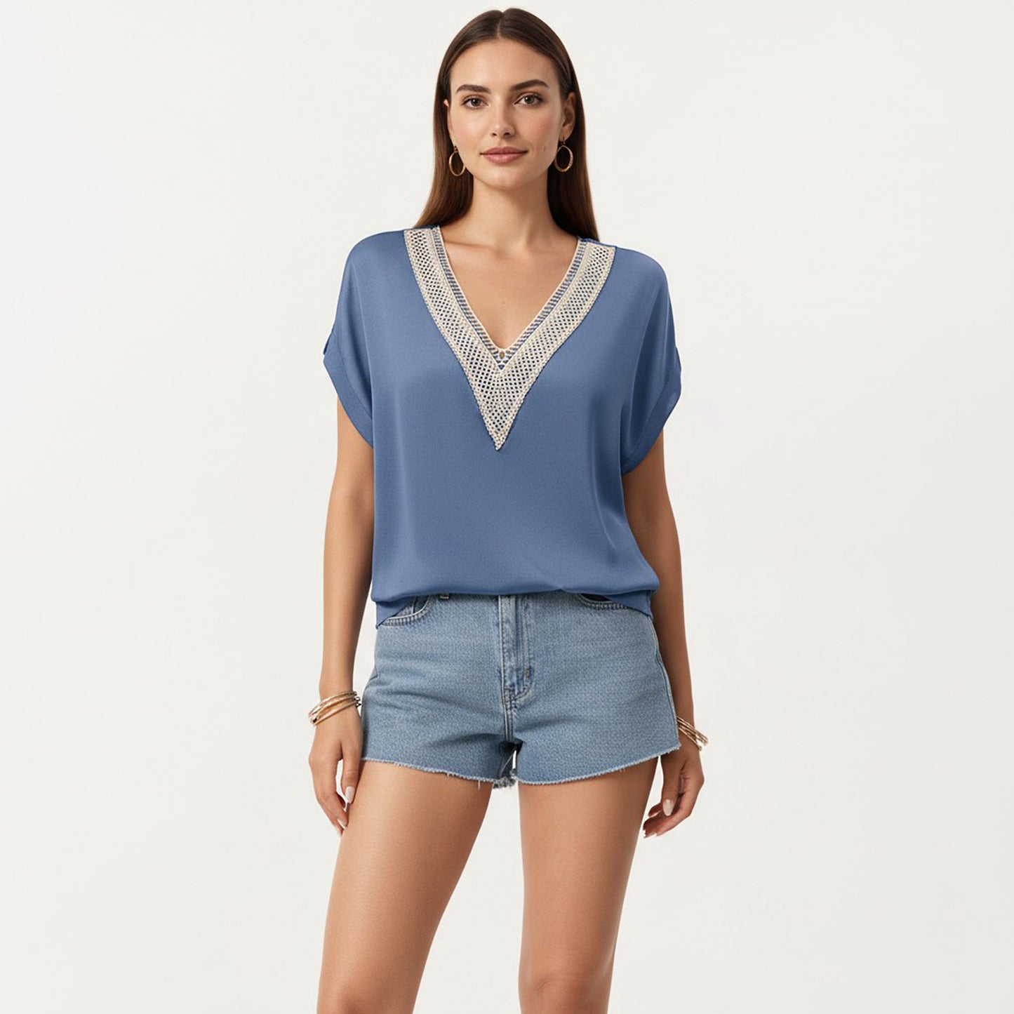 Short Sleeve V Neck Blouse with Crochet Trim Detail