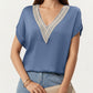 Short Sleeve V Neck Blouse with Crochet Trim Detail