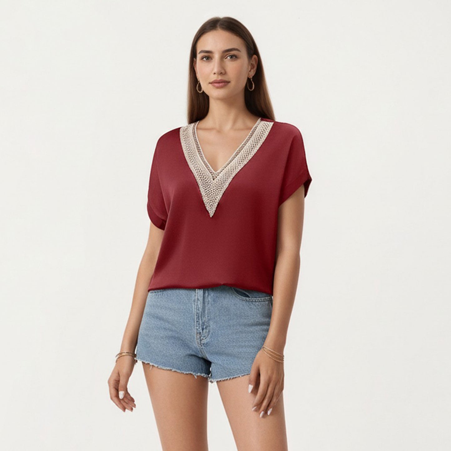 Short Sleeve V Neck Blouse with Crochet Trim Detail