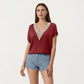 Short Sleeve V Neck Blouse with Crochet Trim Detail