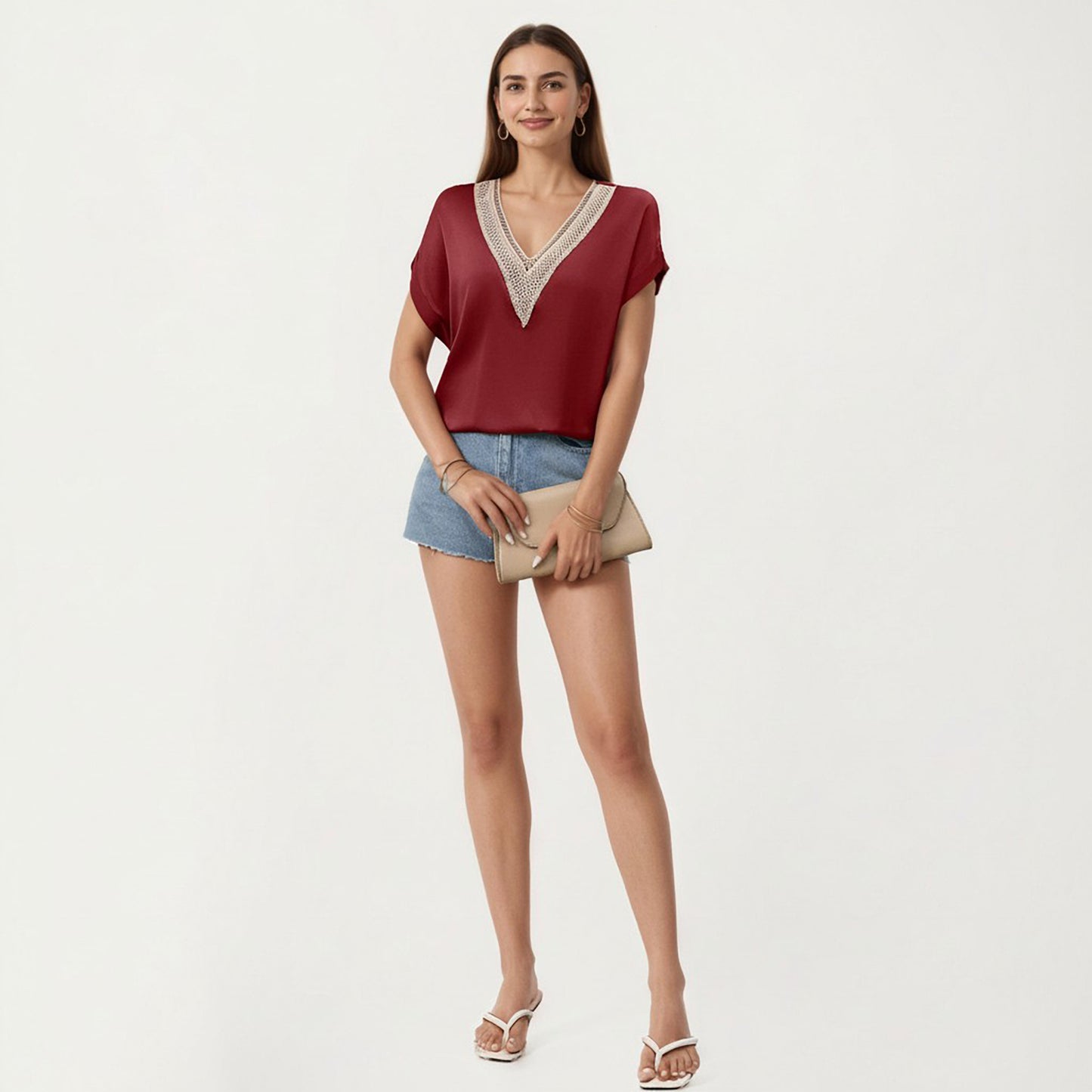 Short Sleeve V Neck Blouse with Crochet Trim Detail