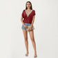 Short Sleeve V Neck Blouse with Crochet Trim Detail
