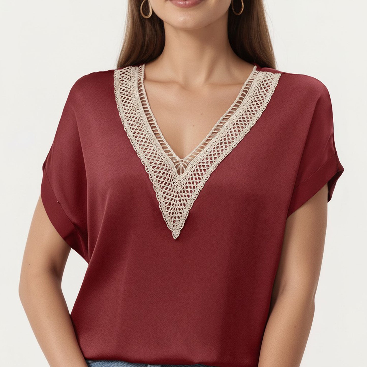 Short Sleeve V Neck Blouse with Crochet Trim Detail