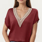 Short Sleeve V Neck Blouse with Crochet Trim Detail