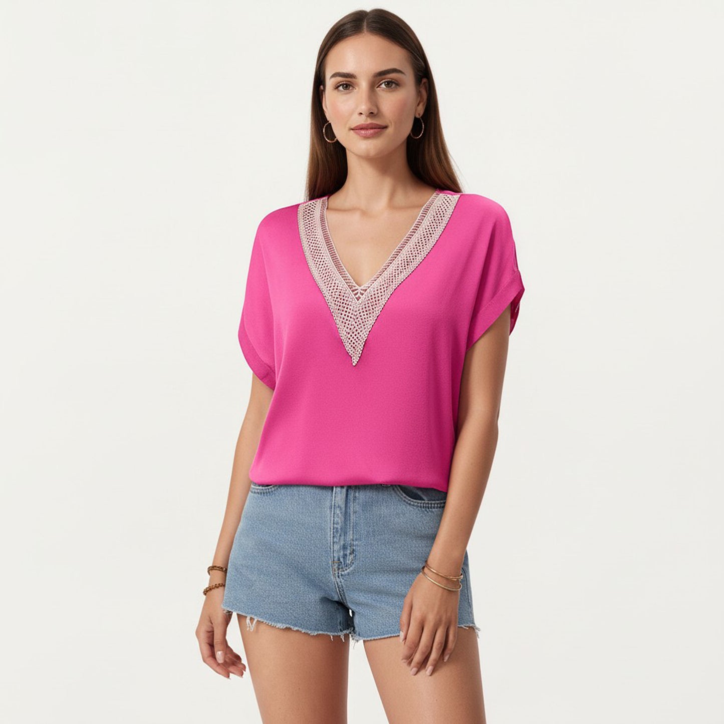Short Sleeve V Neck Blouse with Crochet Trim Detail