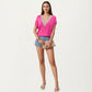 Short Sleeve V Neck Blouse with Crochet Trim Detail