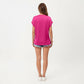 Short Sleeve V Neck Blouse with Crochet Trim Detail