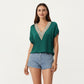 Short Sleeve V Neck Blouse with Crochet Trim Detail