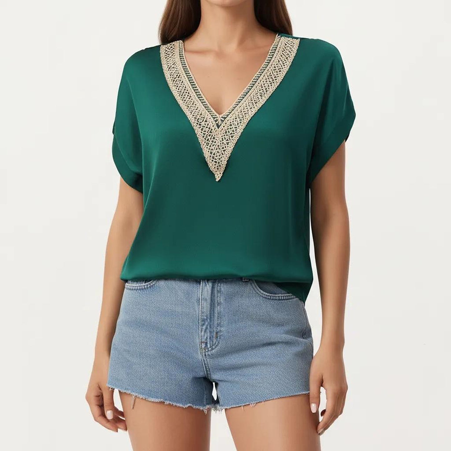Short Sleeve V Neck Blouse with Crochet Trim Detail